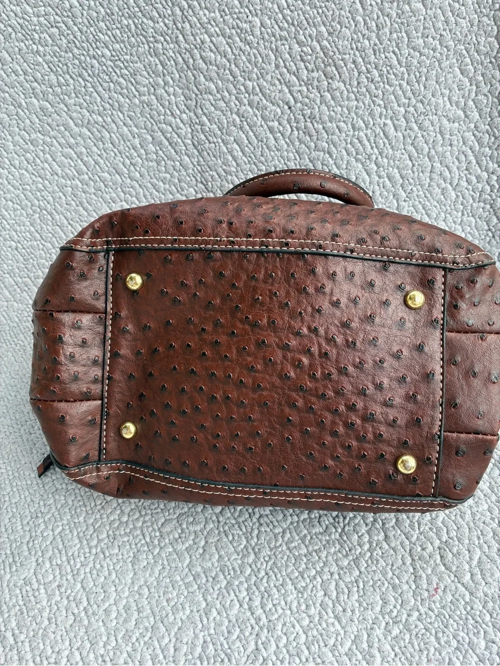 Brown Ostrich-Texture Satchel with Gold Lock Detail